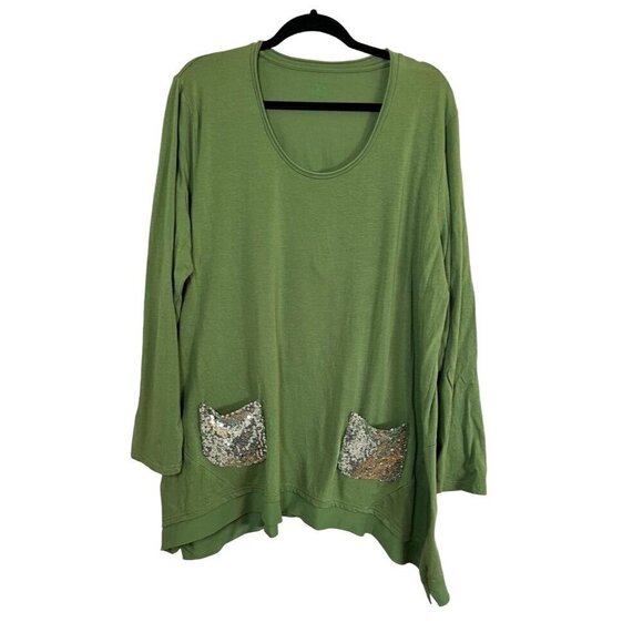 Logo Lagenlook Top 1X Green Boho Neutral Western Retro Sequin 80s Hippie Indie - Picture 1 of 13